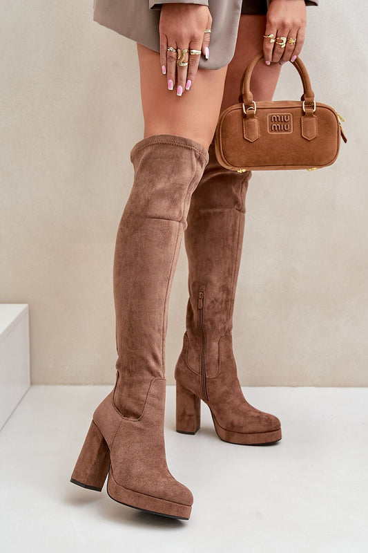 Eco-Suede Heel Boots in Beige – Front View 1