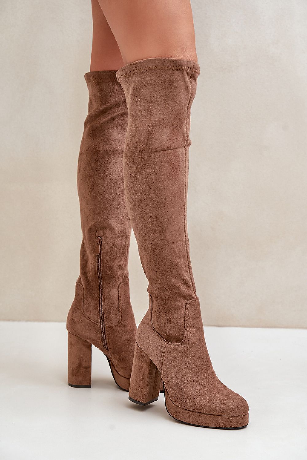 Eco-Suede Heel Boots in Beige – Front View 2