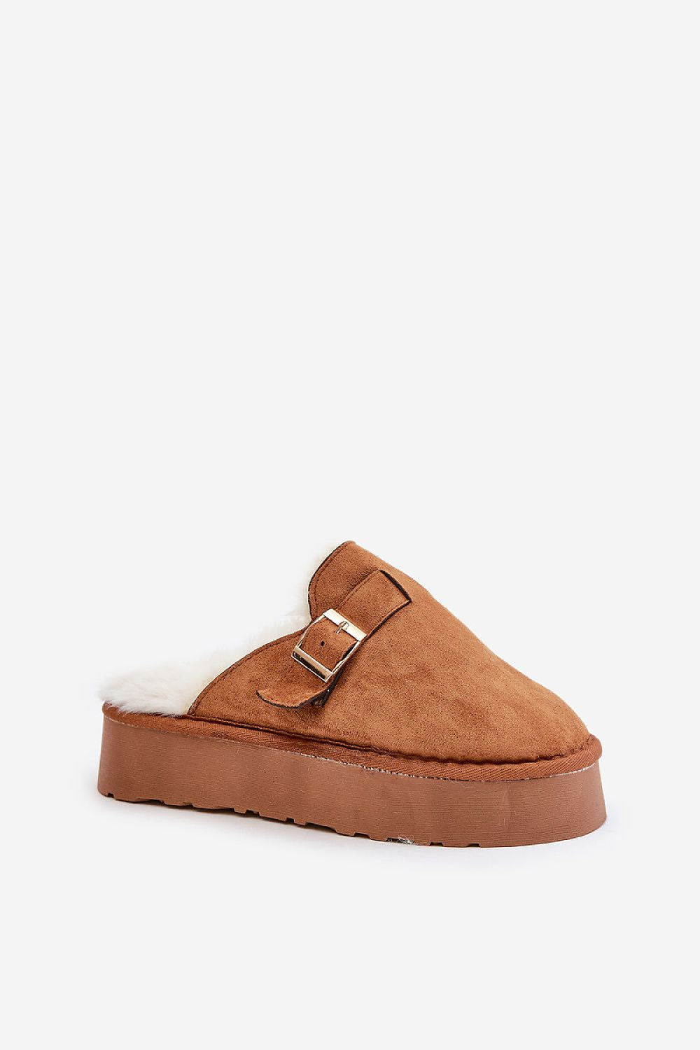 Brown suede platform slipper with fur lining on a white background
