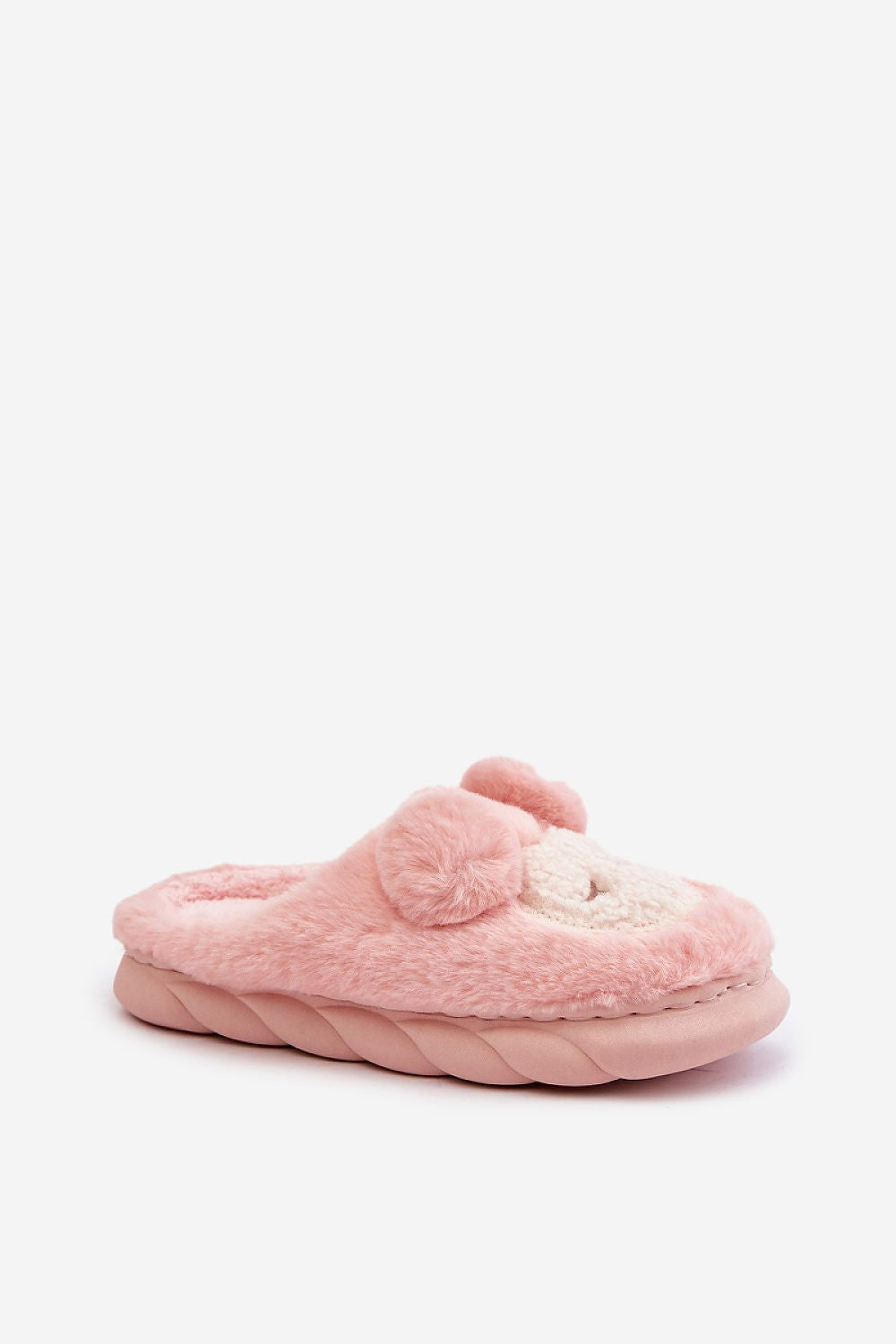 Pink fuzzy slipper with a fluffy pom-pom on a white background