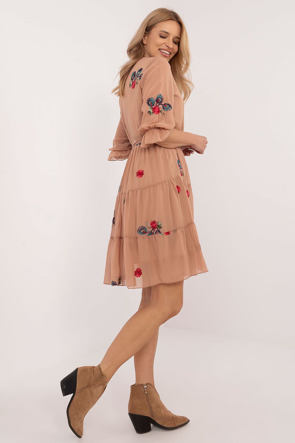  The Florence Embroidered Midi Dress in beige featuring elegant embroidery and a flattering flared silhouette-2