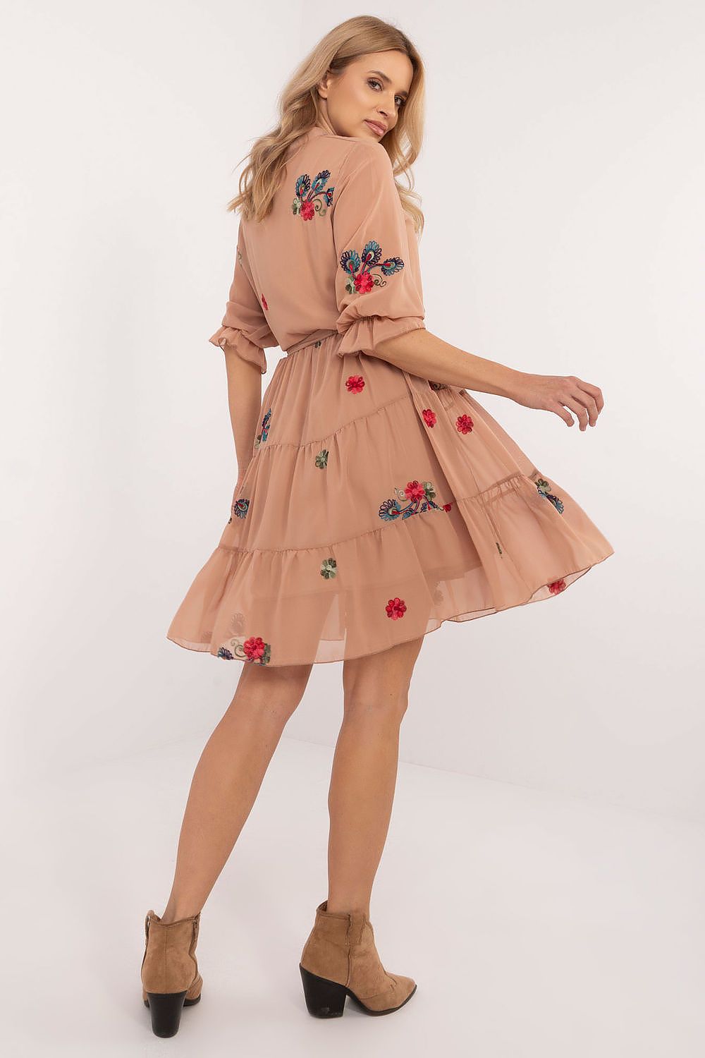 The Florence Embroidered Midi Dress in beige featuring elegant embroidery and a flattering flared silhouette-3