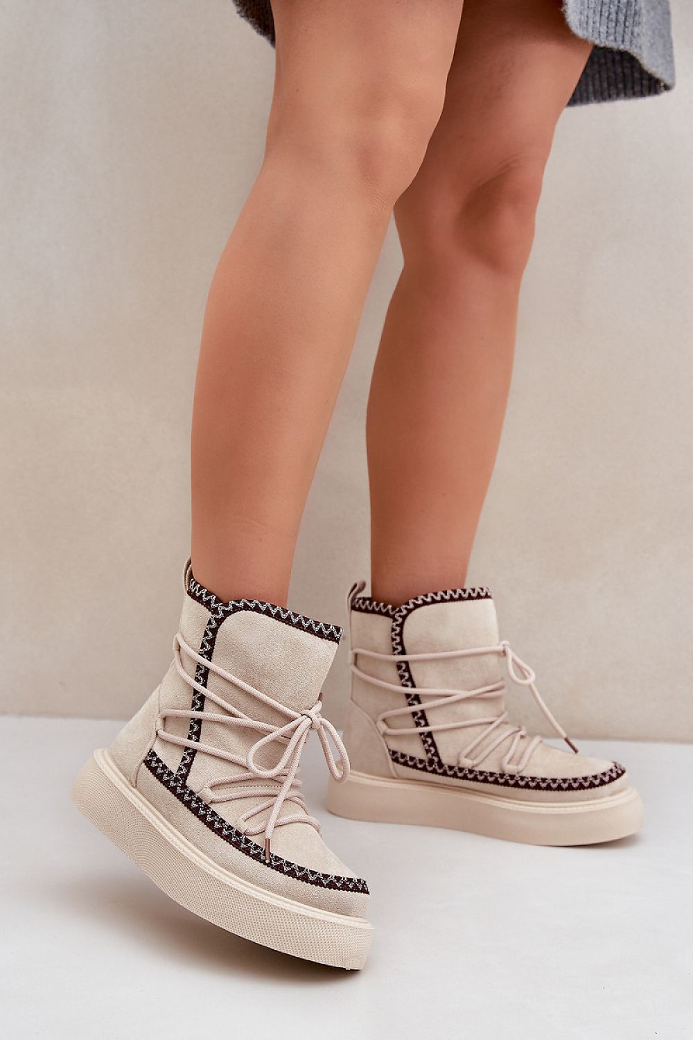 Glacier Charm Platform Snow Boots in Beige – Front View 2
