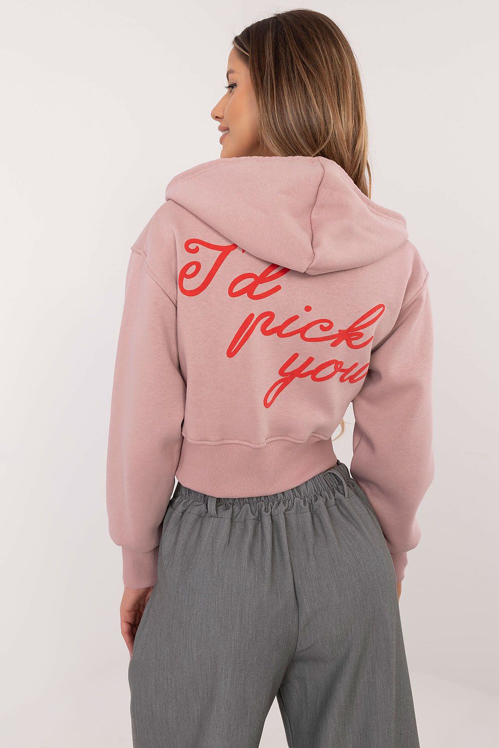  Back view of pink casual sweatshirt with lettering detail