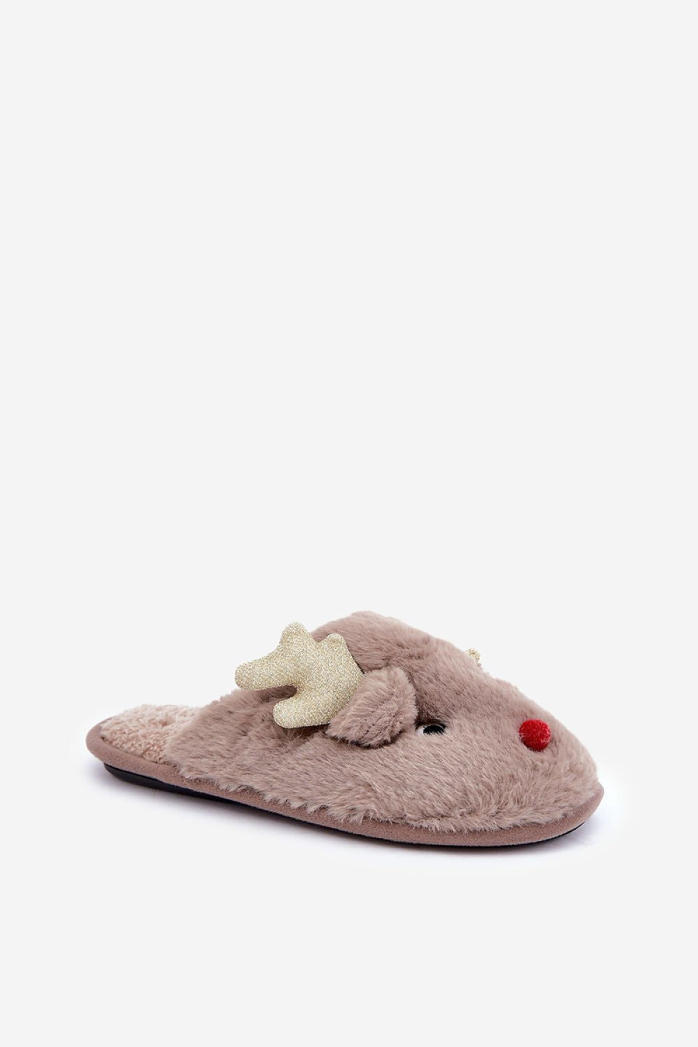 Pink fuzzy slippers with a bow and red pom-pom on a white background