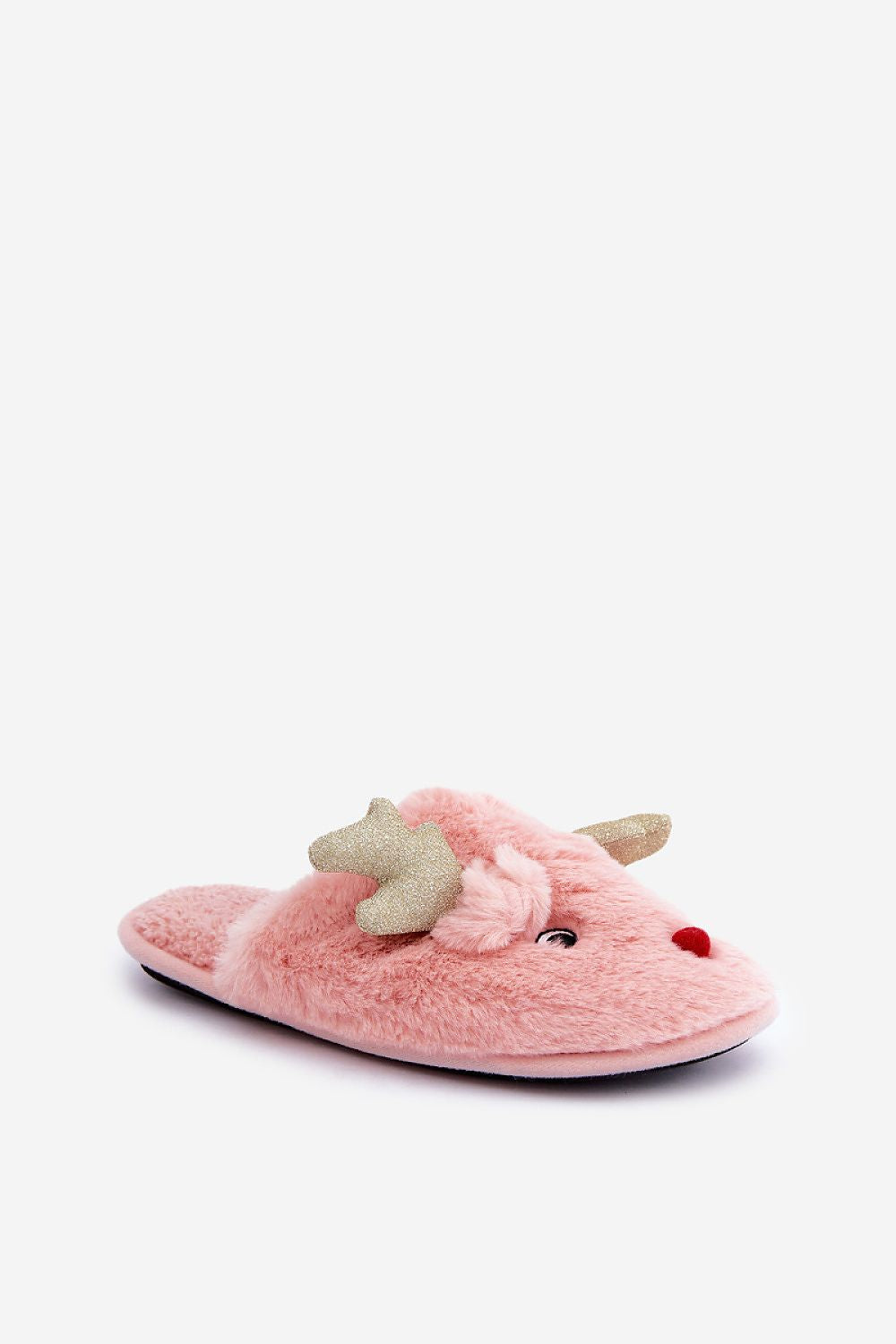 Pink slipper with a cartoon character on a white background