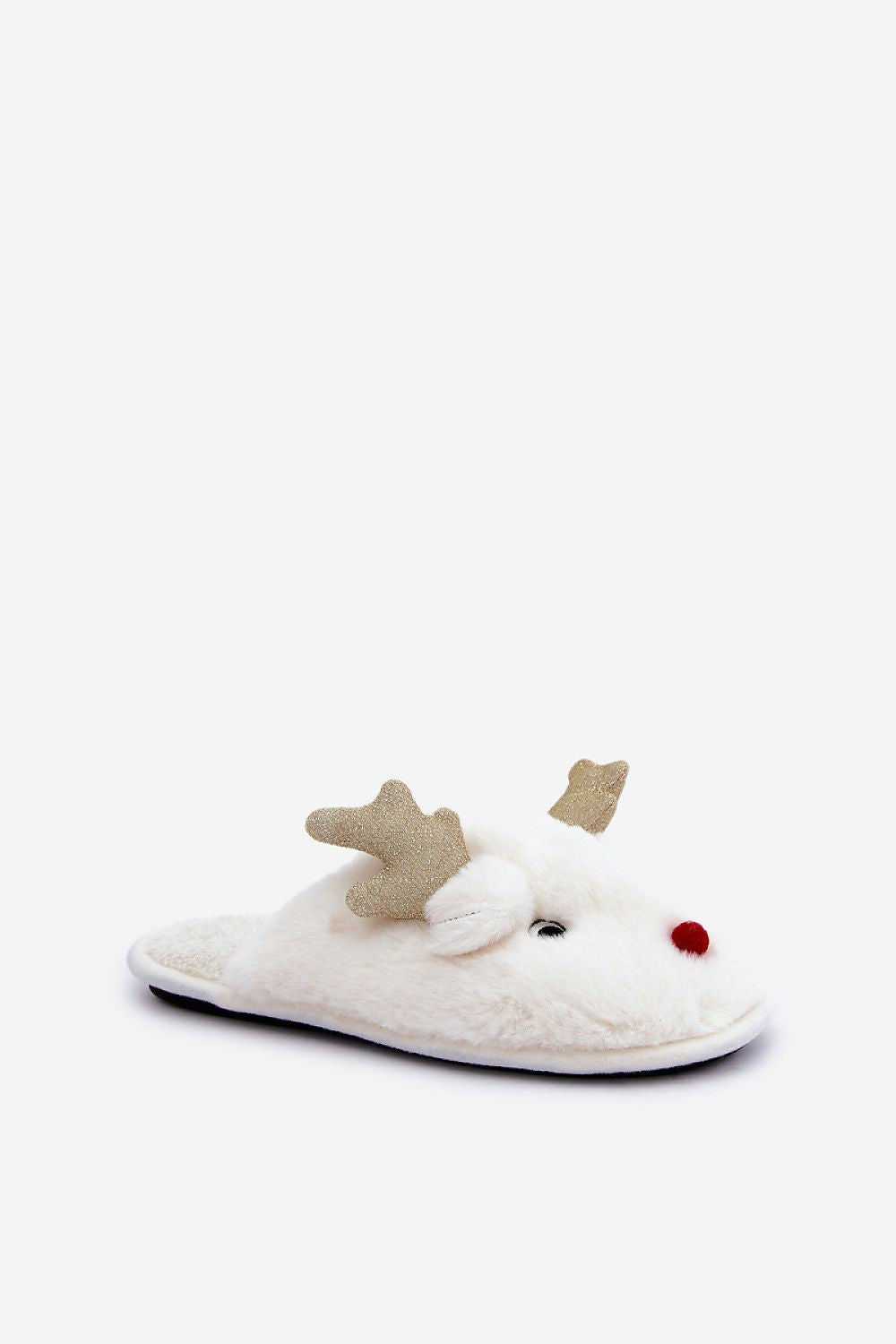 White slipper with reindeer design on a white background