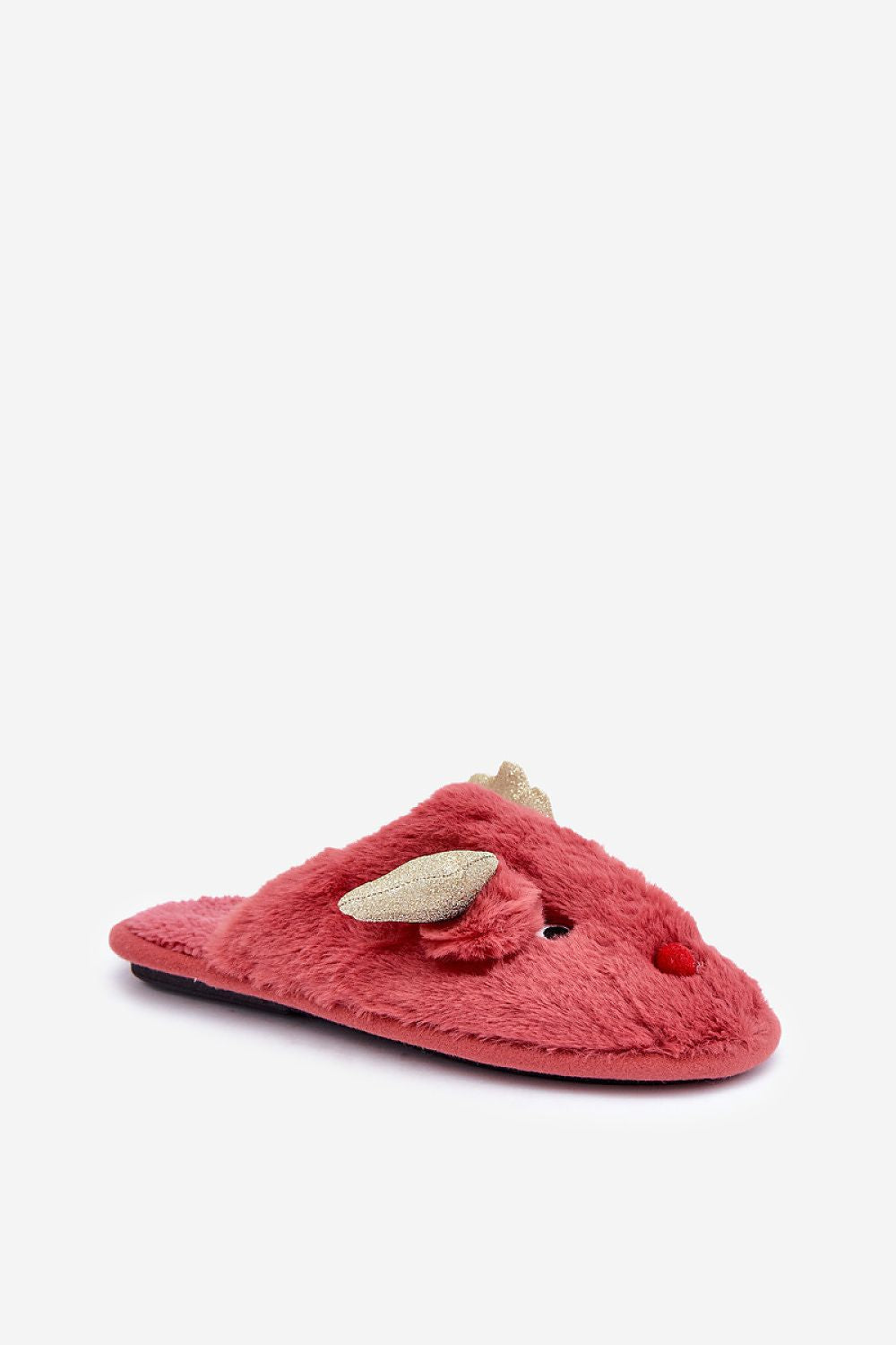 Red slippers with a heart design on a white background