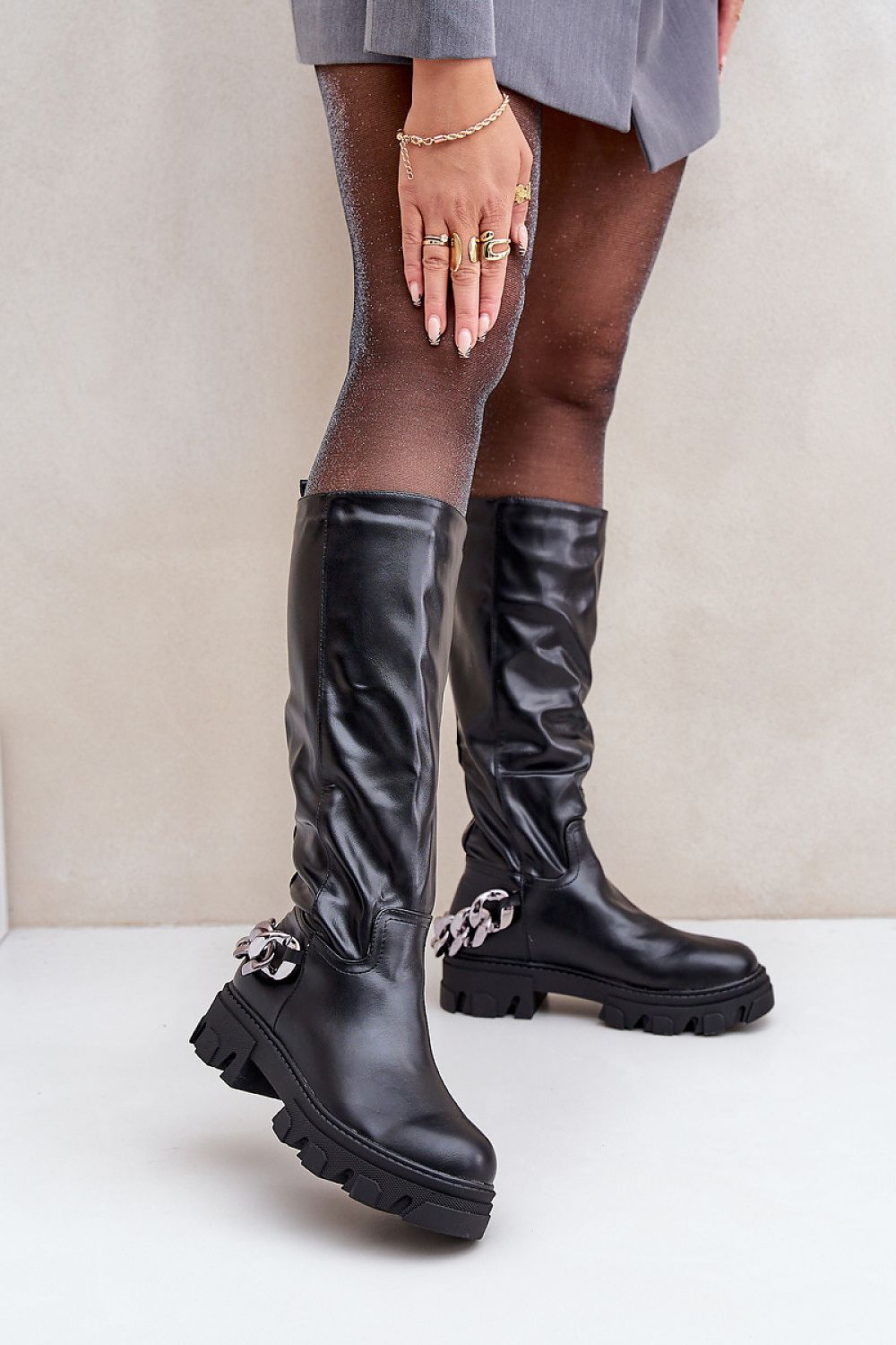 Chainline Over-the-Knee Boots in Black – Front View 1