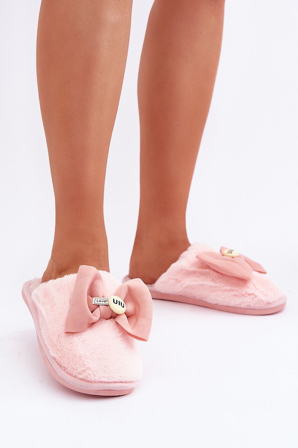  Pink cozy fur slippers for women with charming bow