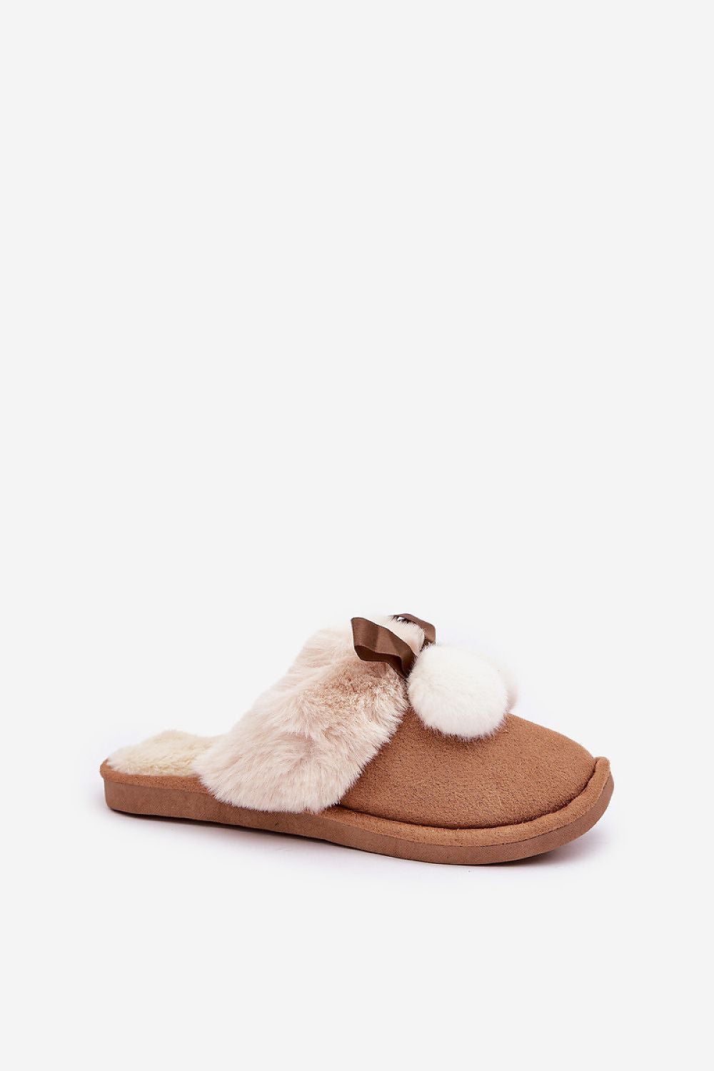 Brown slipper with fur trim and pom-pom on a white background