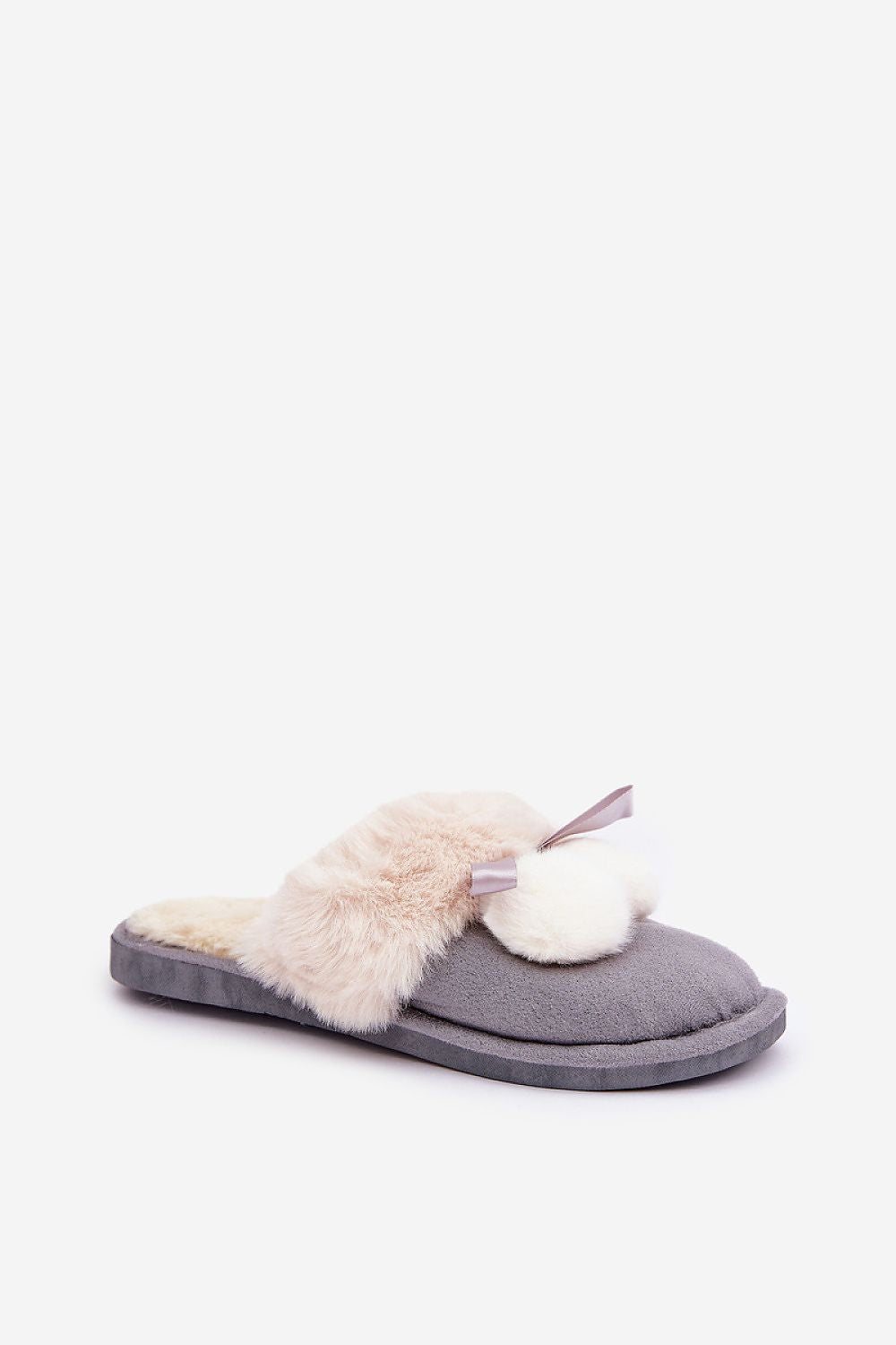 Gray slipper with white fur lining and pom-pom on a white background