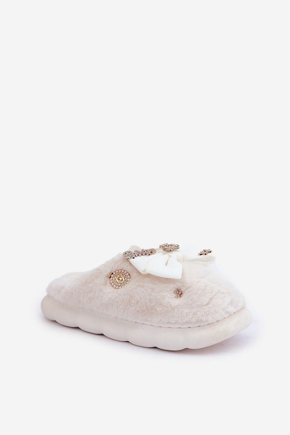  White furry slippers decorated with bow and buttons
