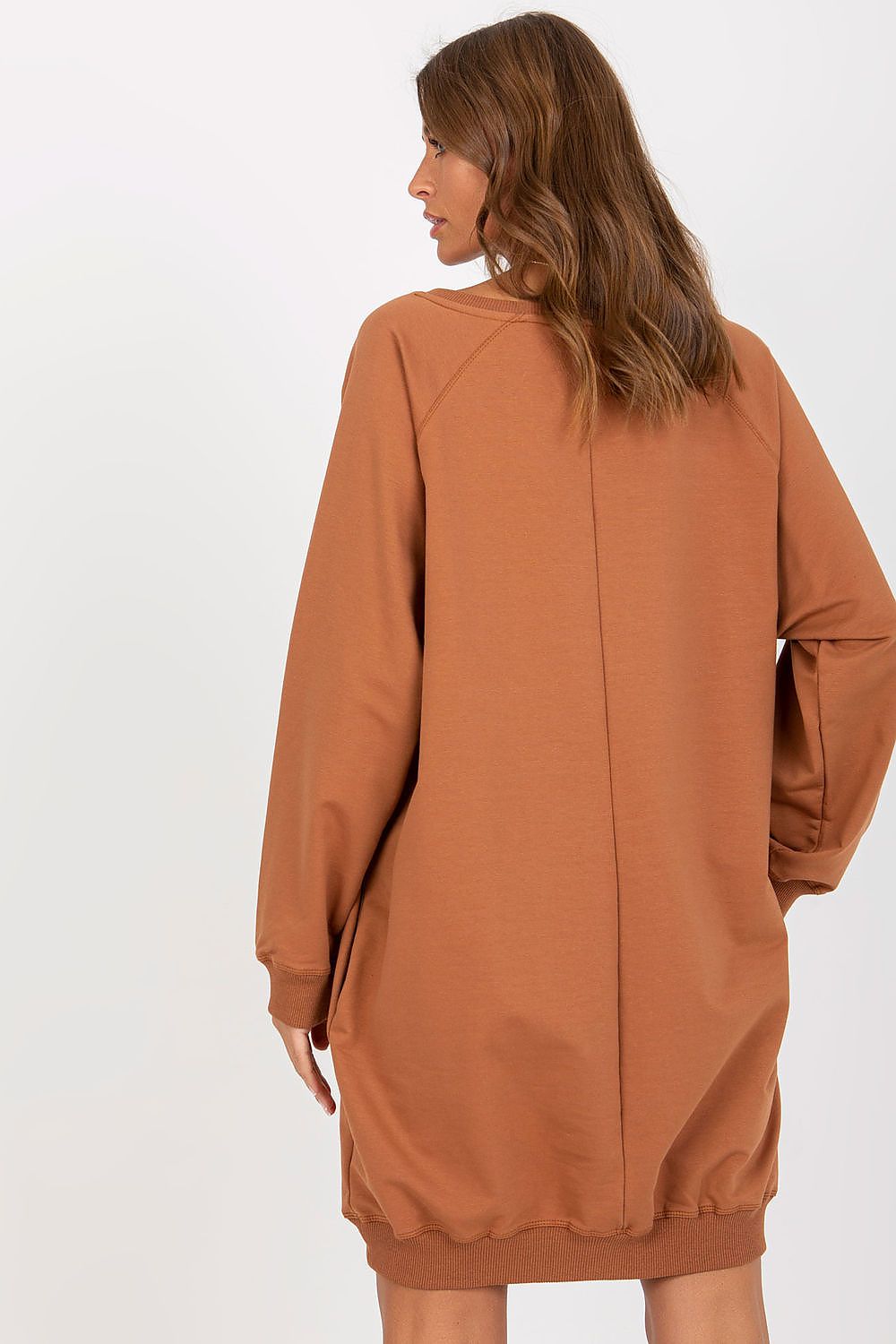 Brown sweatshirt dress worn by a person on a white background