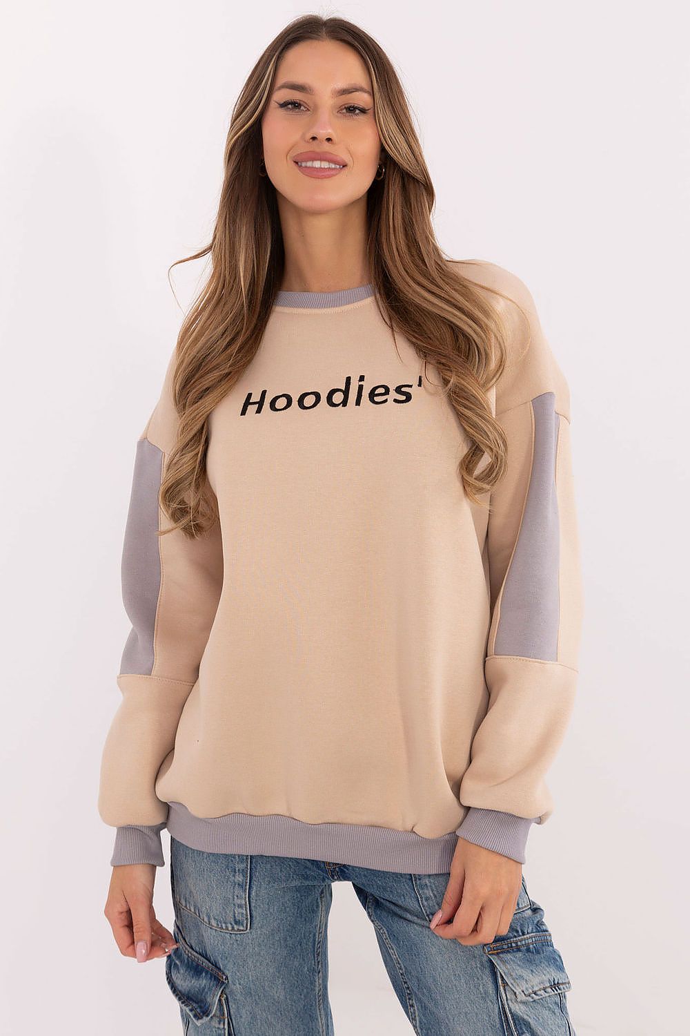 Beige women’s sweatshirt with embroidery and round neckline, front view.