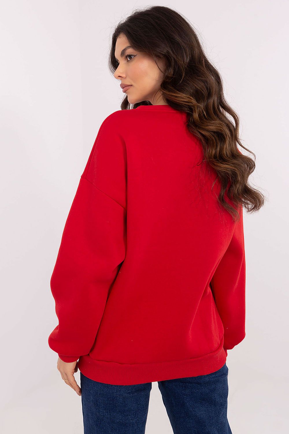  Model wearing red casual sweatshirt for everyday wear.