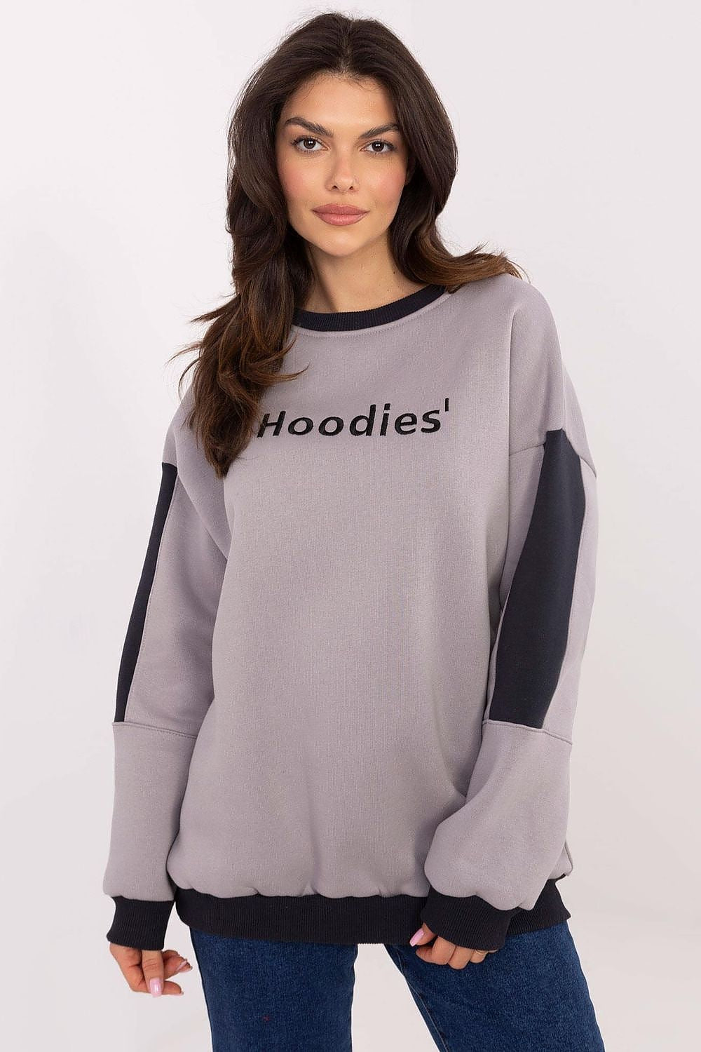  Grey casual sweatshirt with embroidery and soft cotton blend material.
