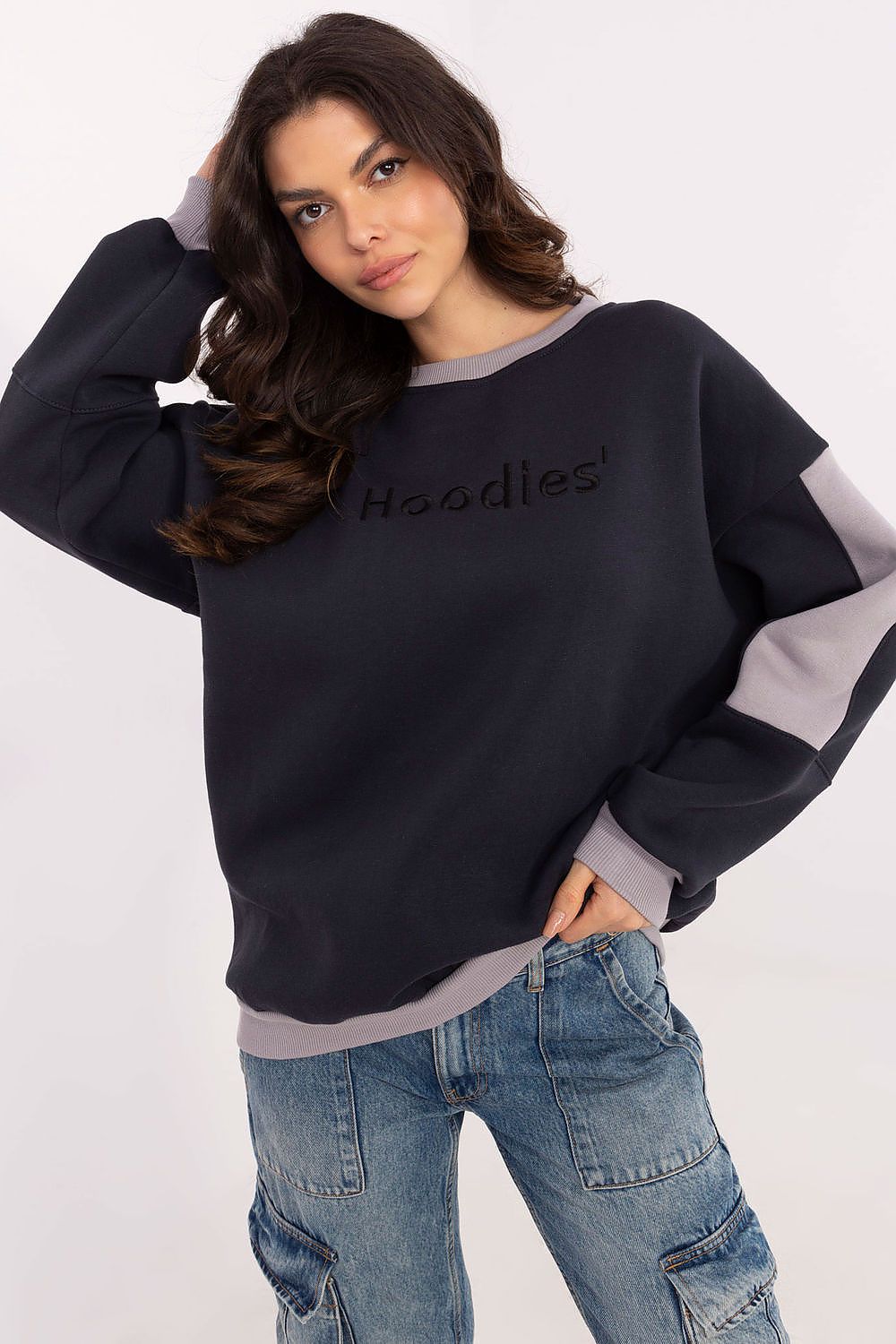 Black women’s casual sweatshirt with embroidered details and soft texture.
