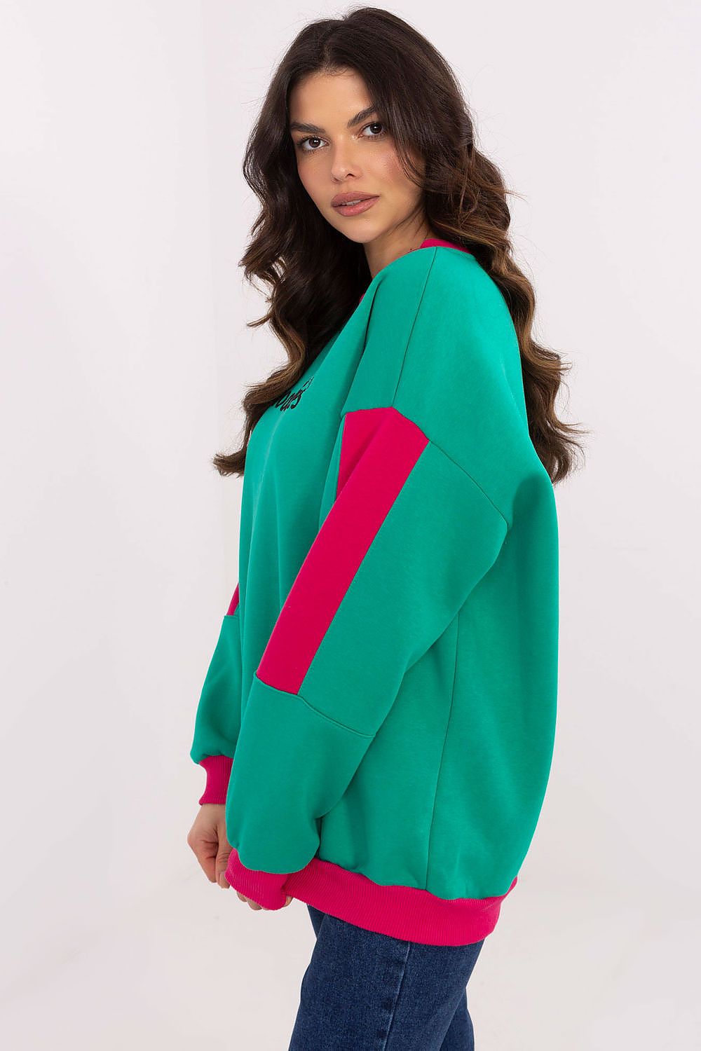  Soft green cotton blend pullover with long sleeves and patches.