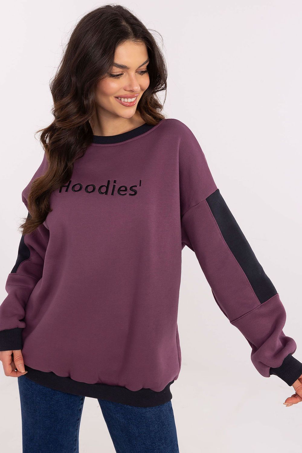 Violet women’s sweatshirt with embroidery and classic fit, front view.