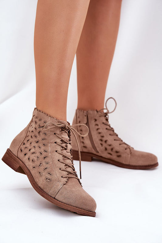 Beige Lace Charm Suede Ankle Boots – Front View 1