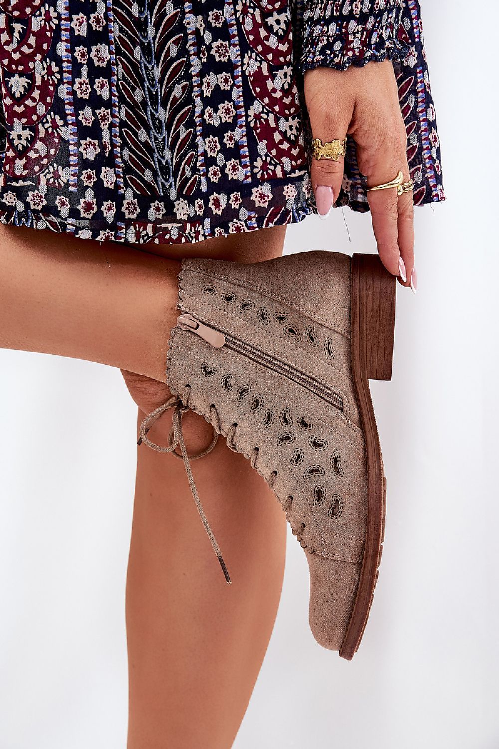 Beige Lace Charm Suede Ankle Boots – Front View 2