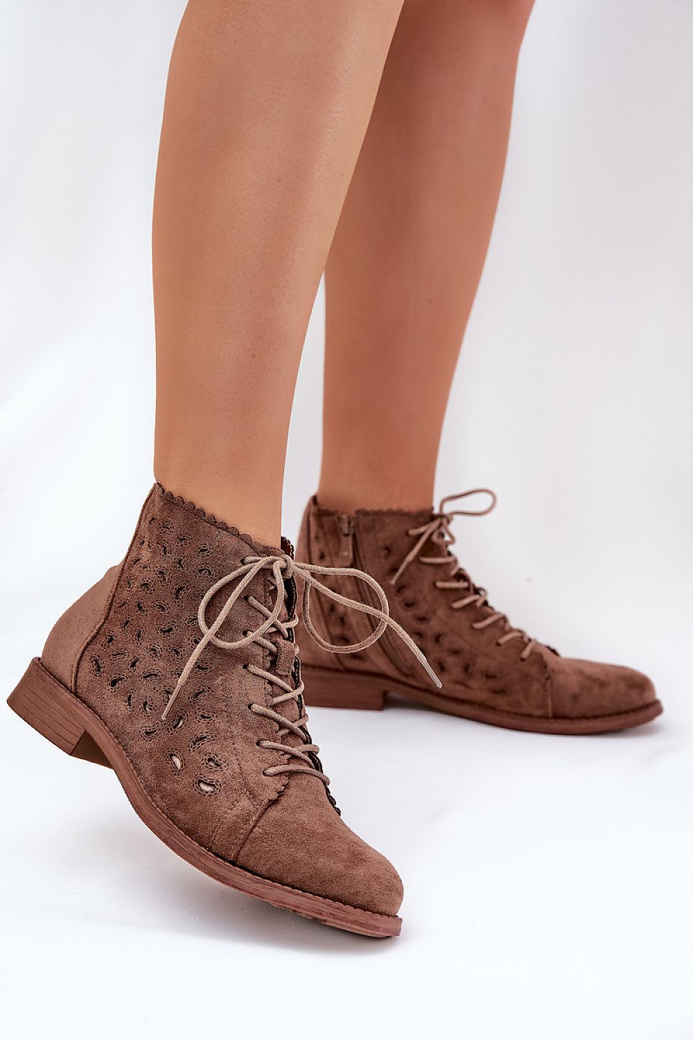 Brown Lace Charm Suede Ankle Boots – Front View 1