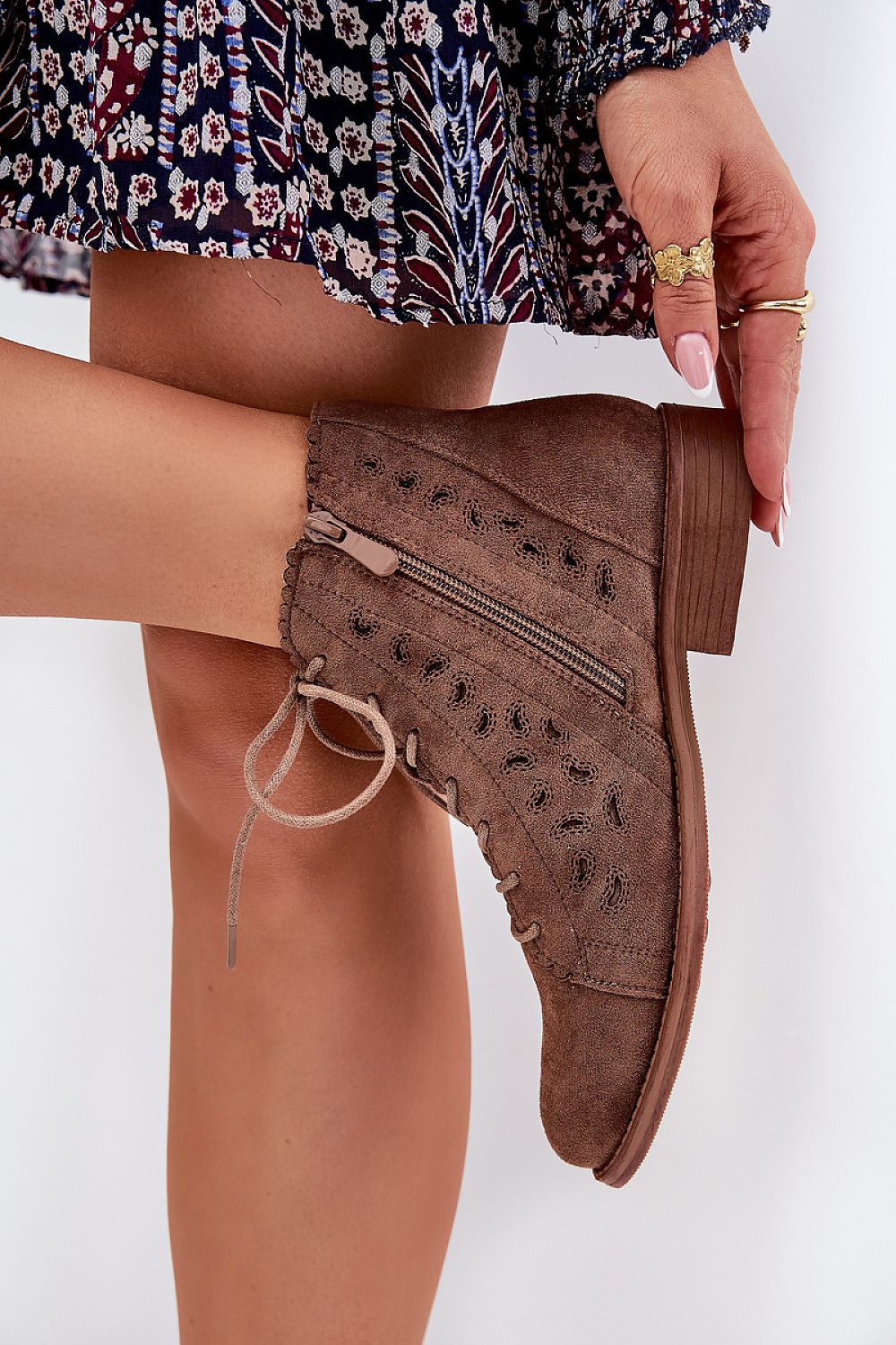 Brown Lace Charm Suede Ankle Boots – Front View 2