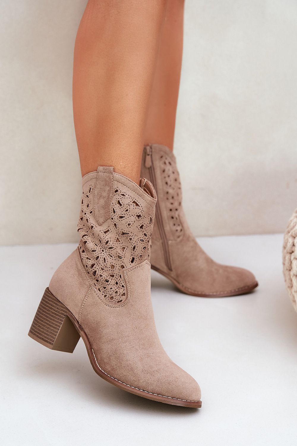 Beige Lace Aura Suede Boots – Front View 1