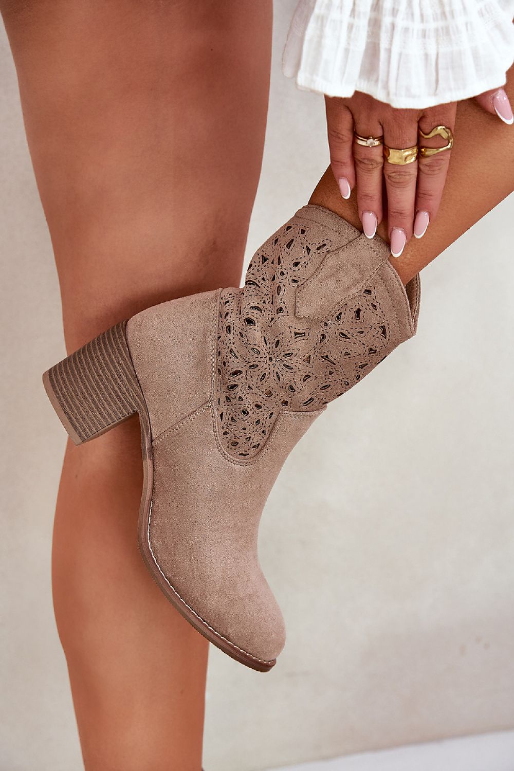 Beige Lace Aura Suede Boots – Front View 2