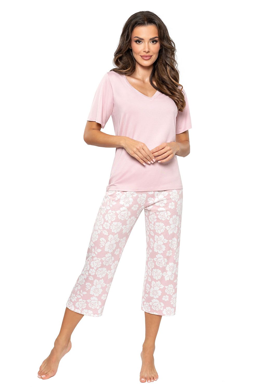  Rosabelle Pink Lace-Trim Women's Pyjama Set with V-Neck Top and Printed Trousers