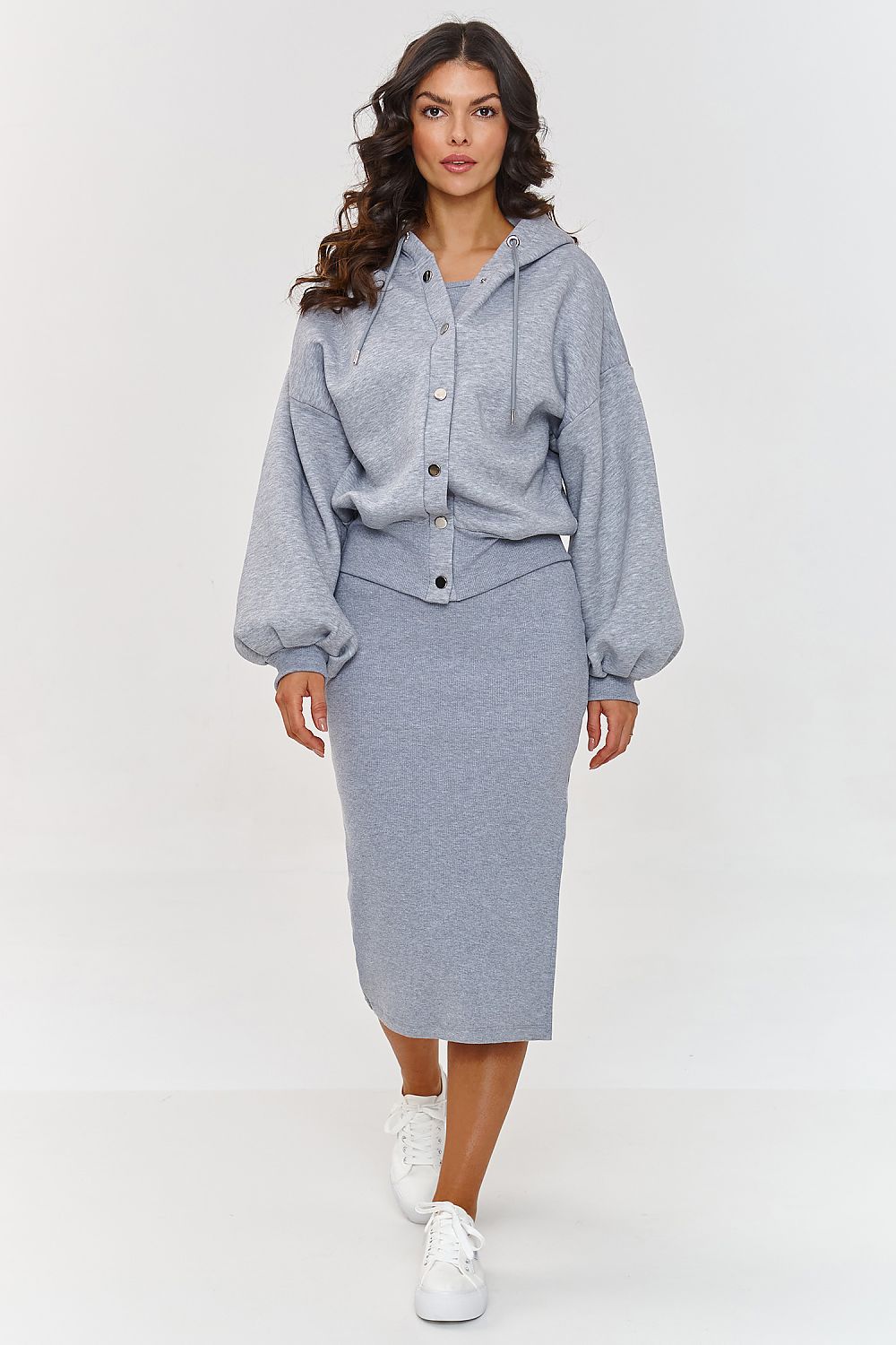  Women's grey striped sleeveless dress and oversized hoodie set
