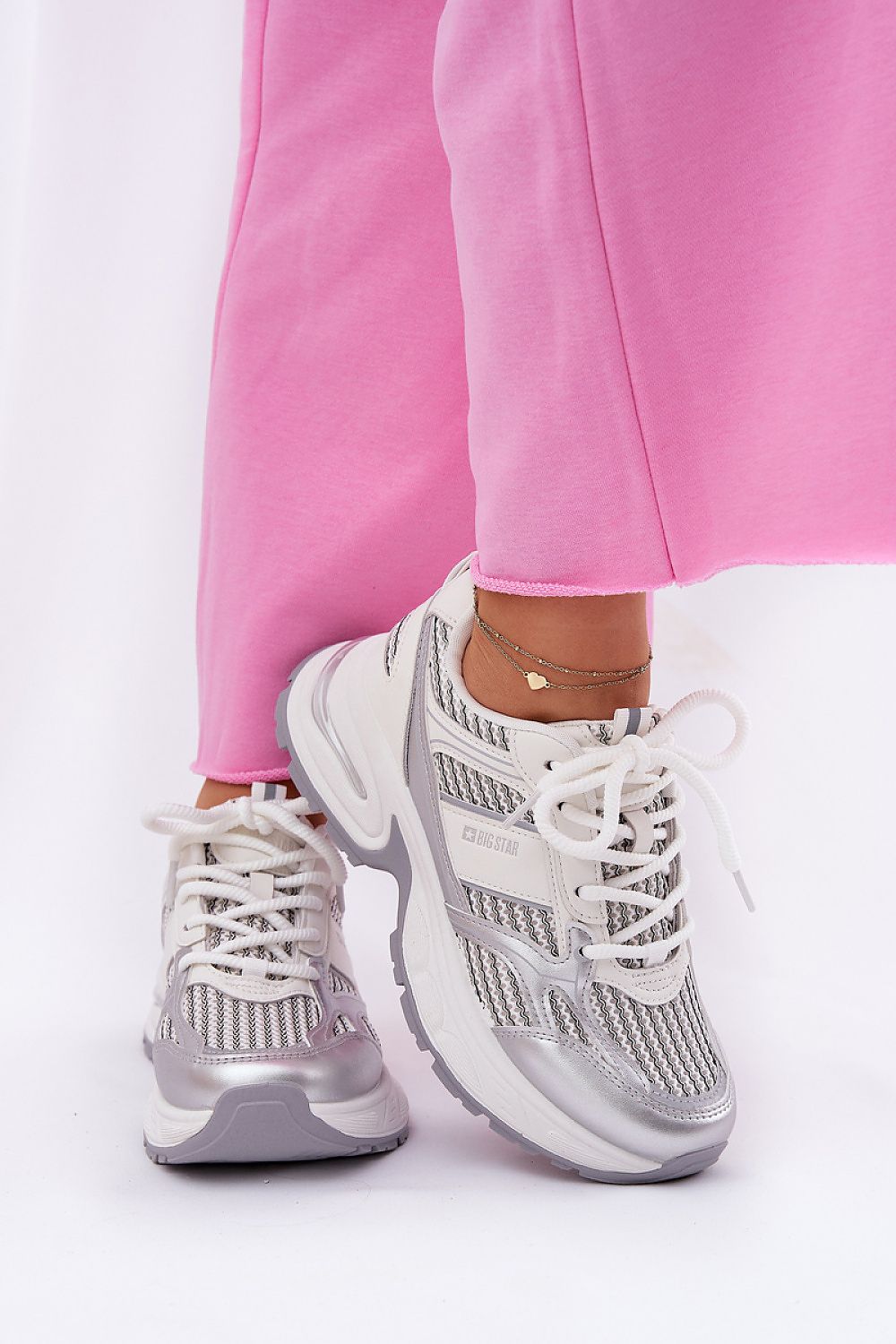 White Metallic Big Star Sneakers – Front View 1