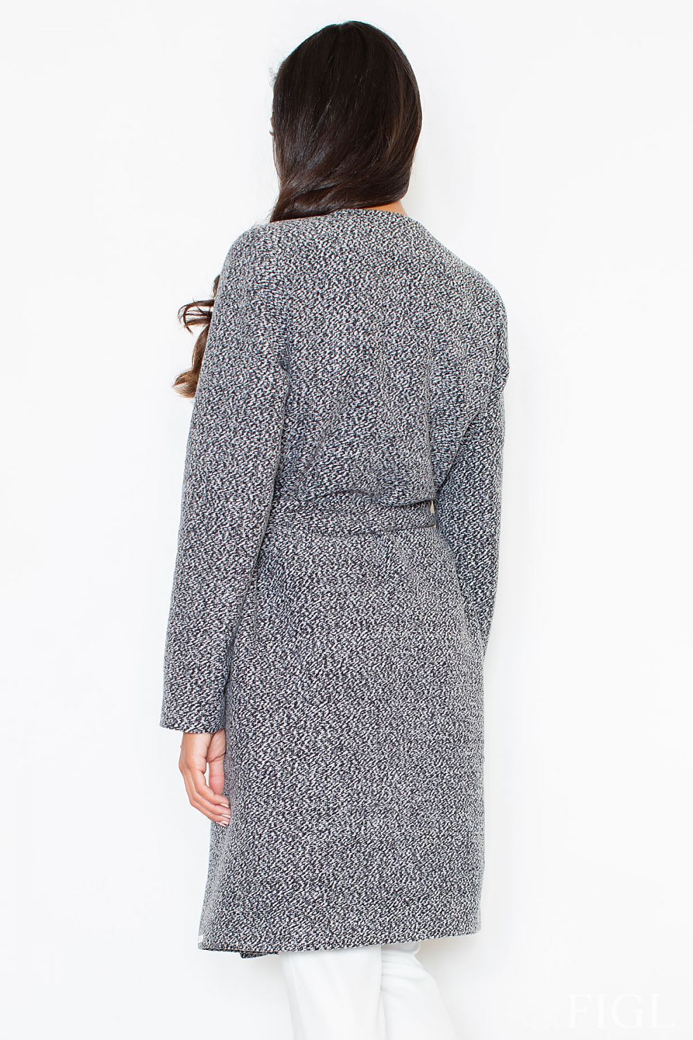 Person wearing a textured gray coat on a white background