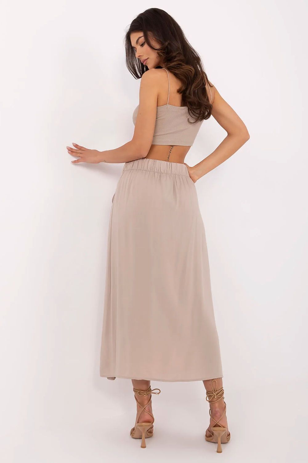  Beige viscose midi skirt with pockets and hidden button placket