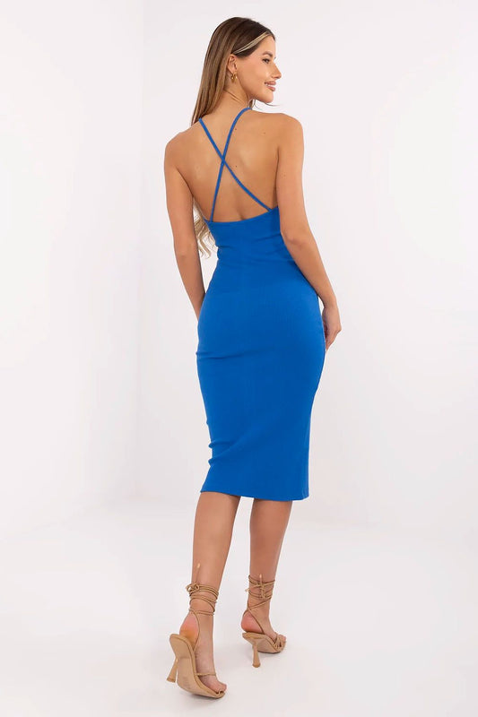  “Blue Ribbed Summer Pencil Dress, standalone back flat lay”
