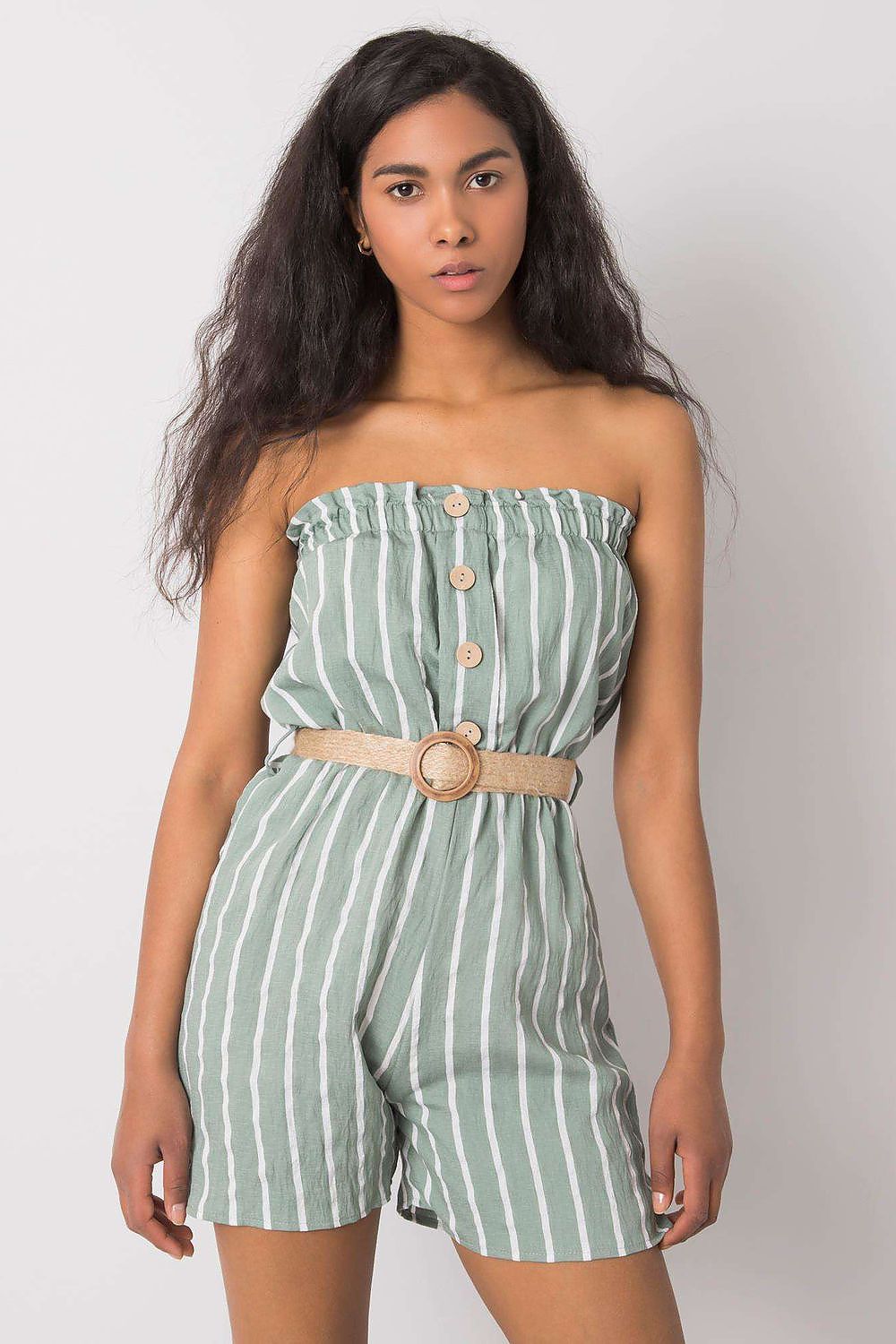 “Green Stripe Ease Belted Jumpsuit, front view with tie belt”
