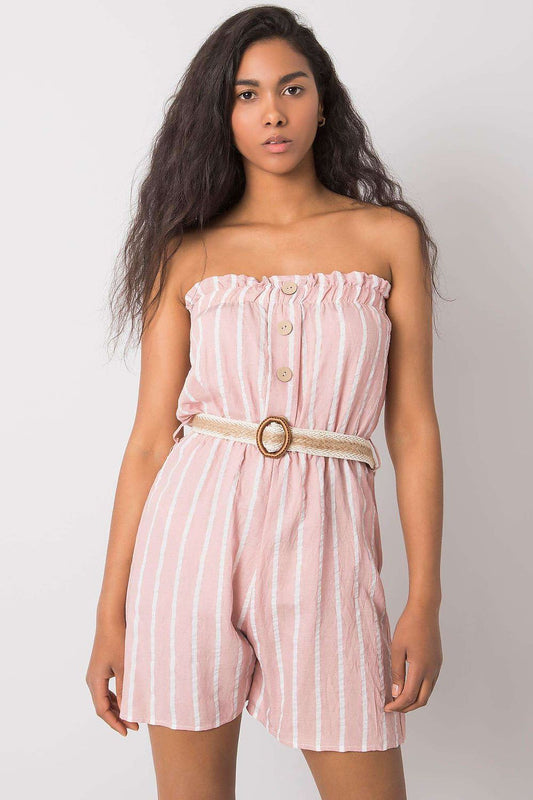 “Pink Stripe Ease Belted Jumpsuit, front view with strapless top”