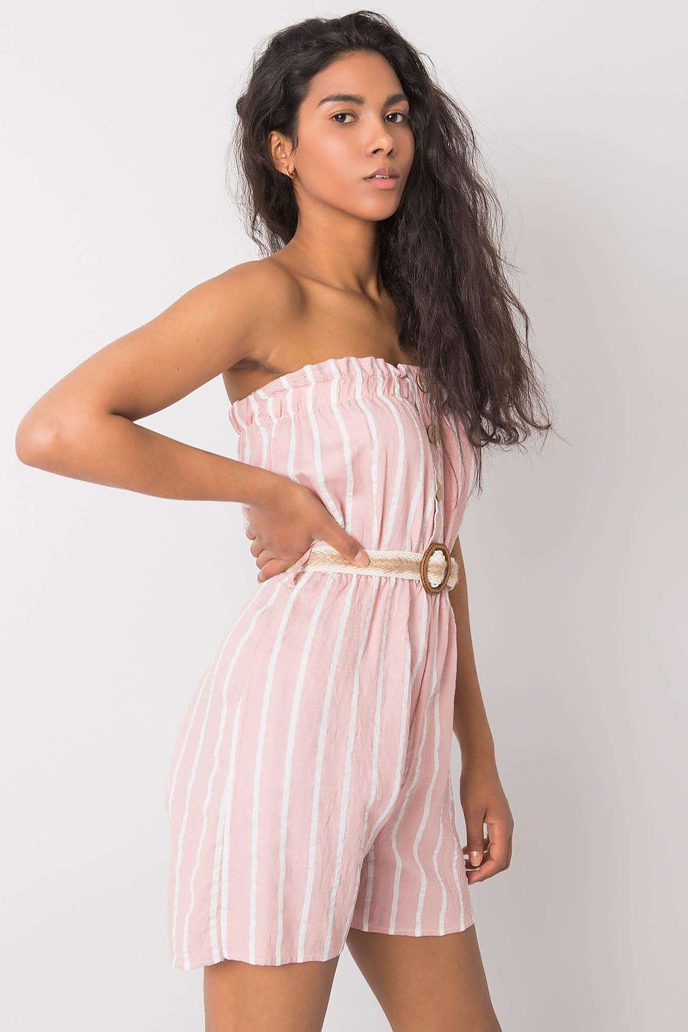 “Pink Stripe Ease Belted Jumpsuit, angled view with vertical stripes”