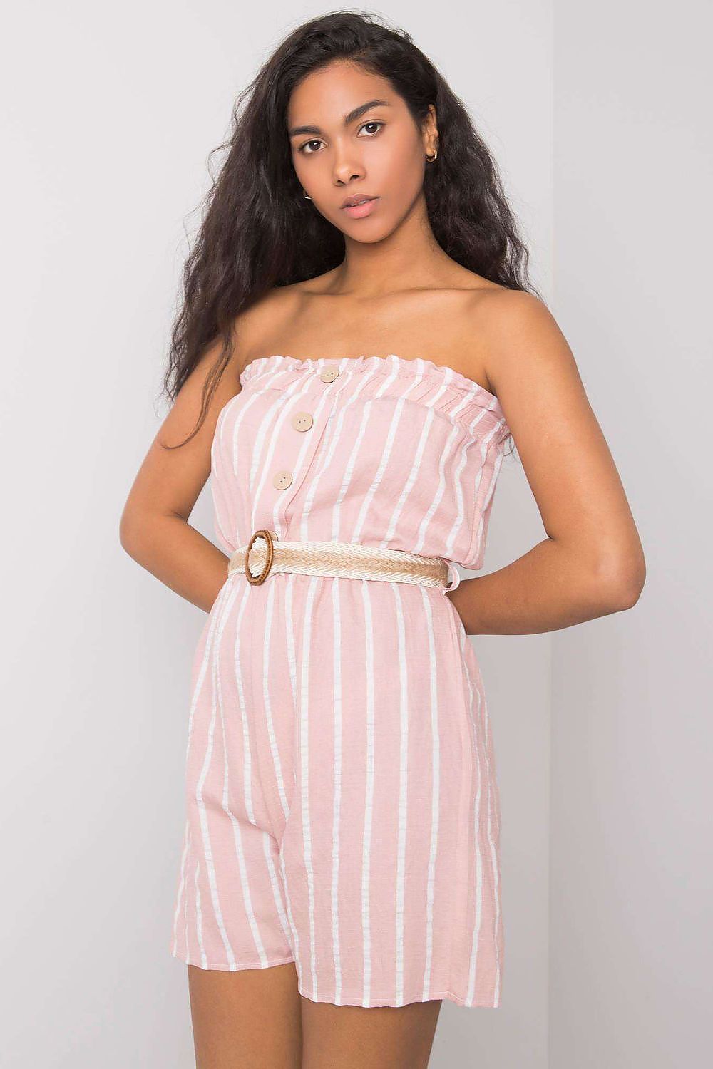 “Pink Stripe Ease Belted Jumpsuit, side view with flattering fit”