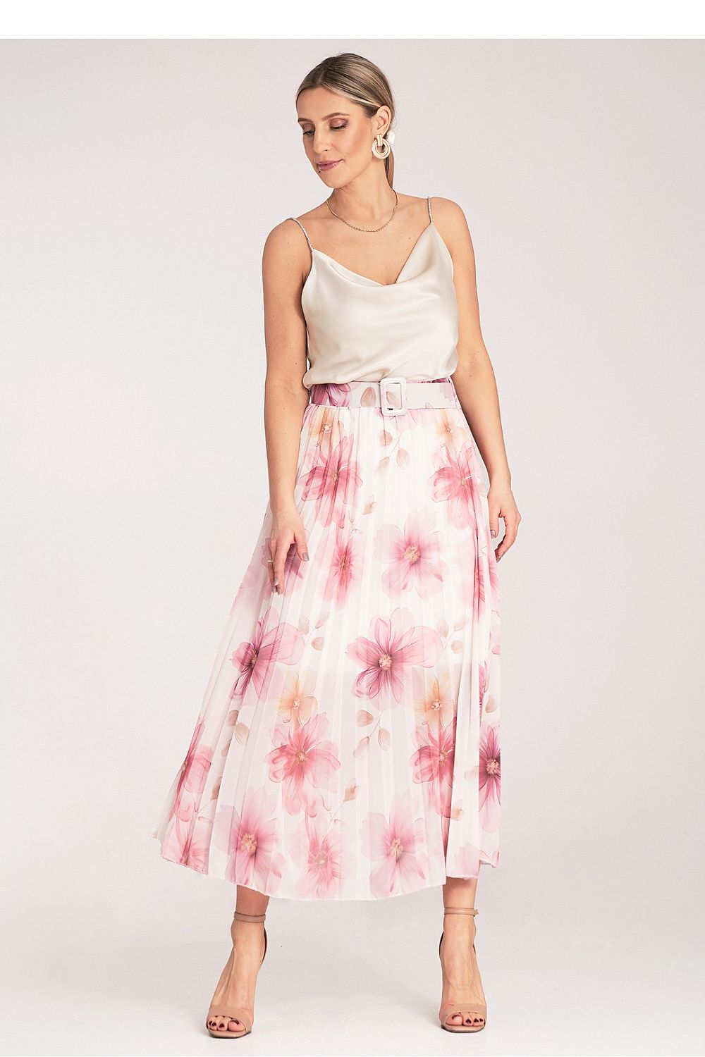  pink floral pleated midi skirt with high waist belt