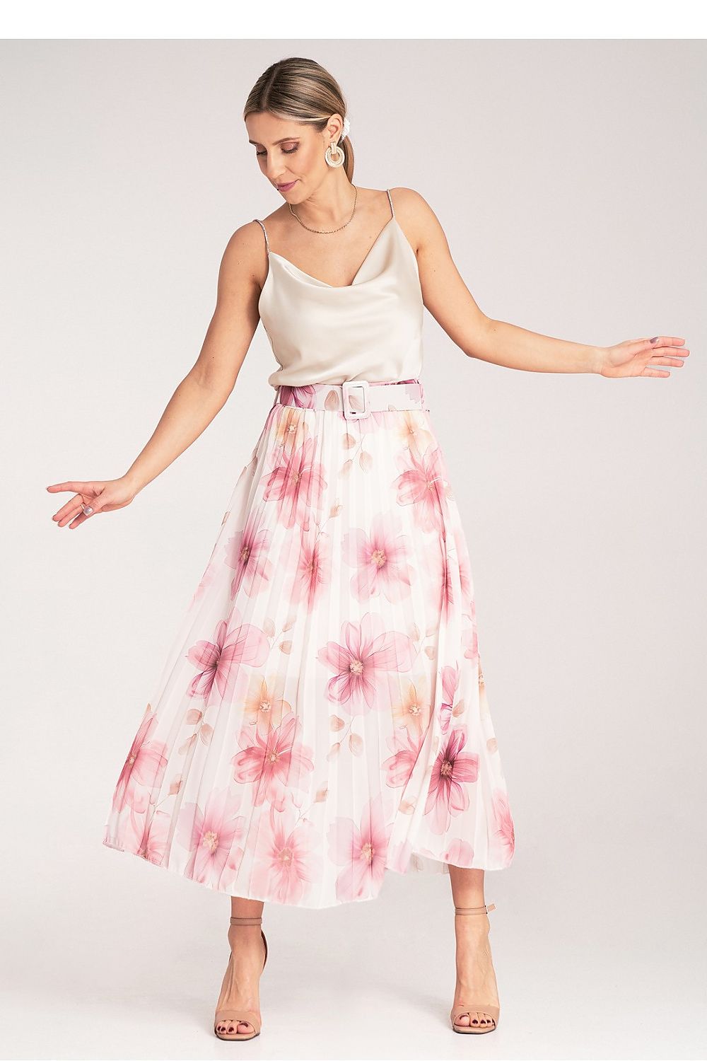  pink floral pleated midi skirt with high waist belt-2