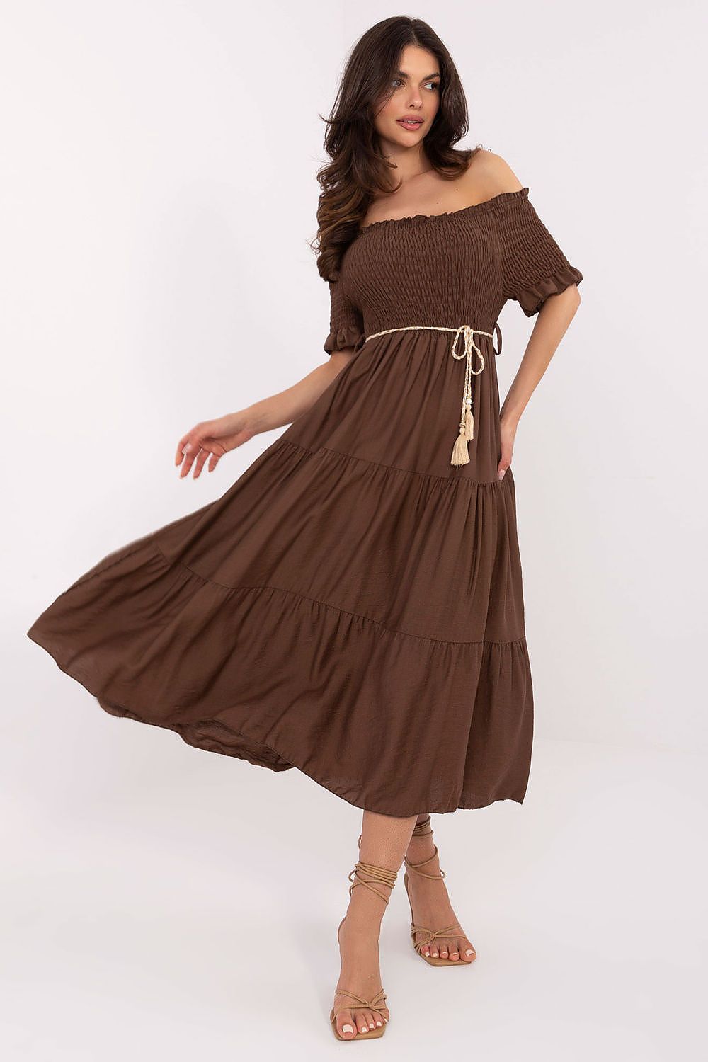 Off-Shoulder Summer Midi Dress in Brown – Front View