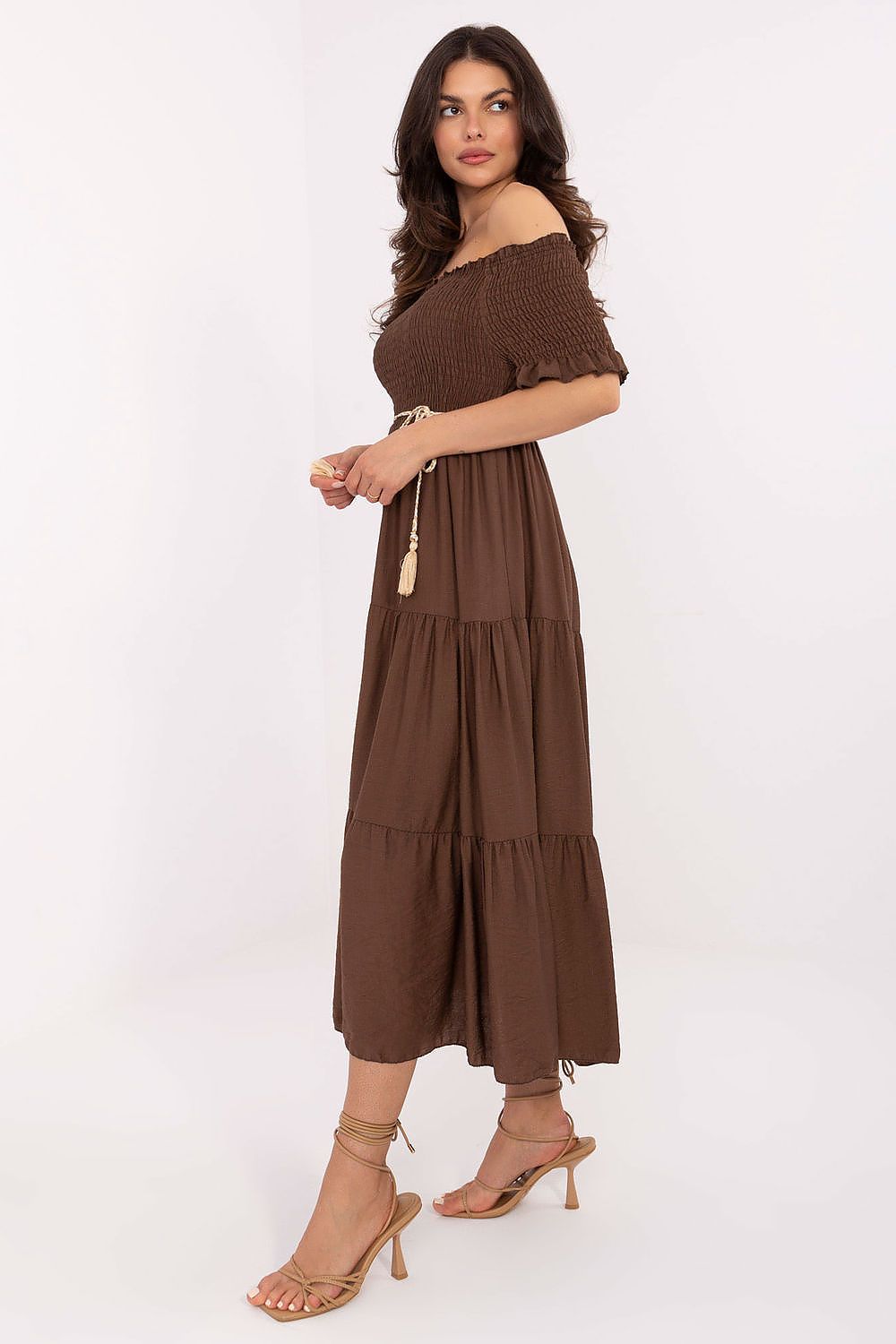 Off-Shoulder Summer Midi Dress in Brown – Side View