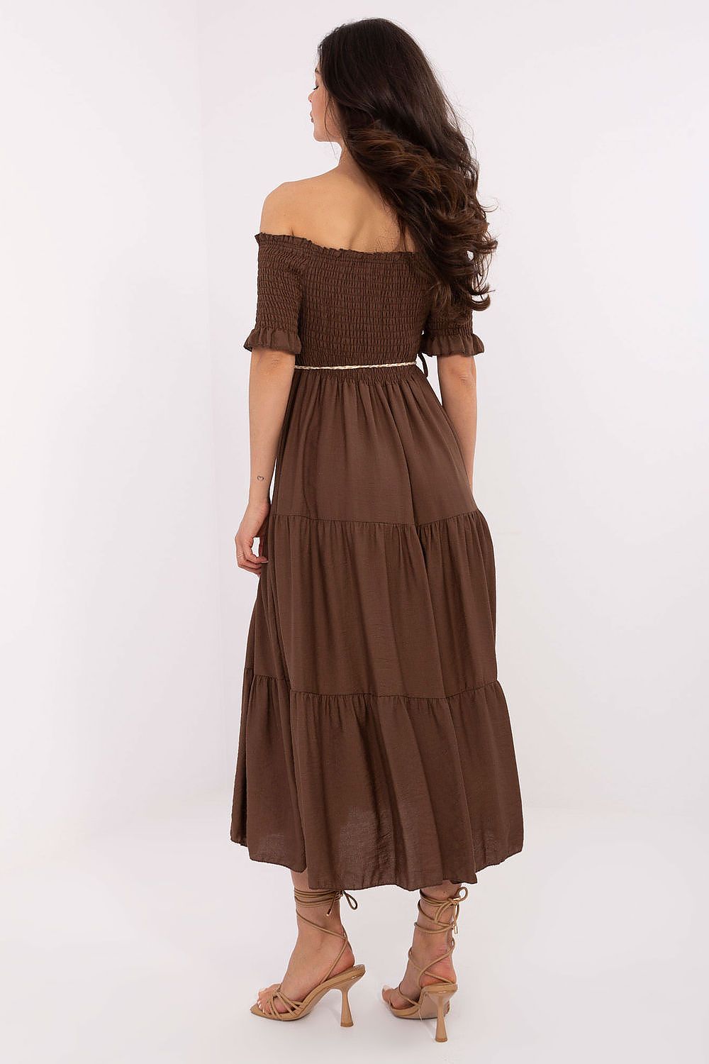 Off-Shoulder Summer Midi Dress in Brown – Back View
