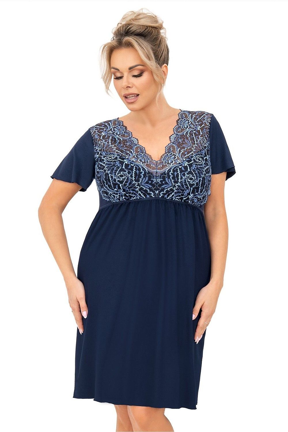  Evelisse Navy Lace-Trim Plus Size Women's Nightdress