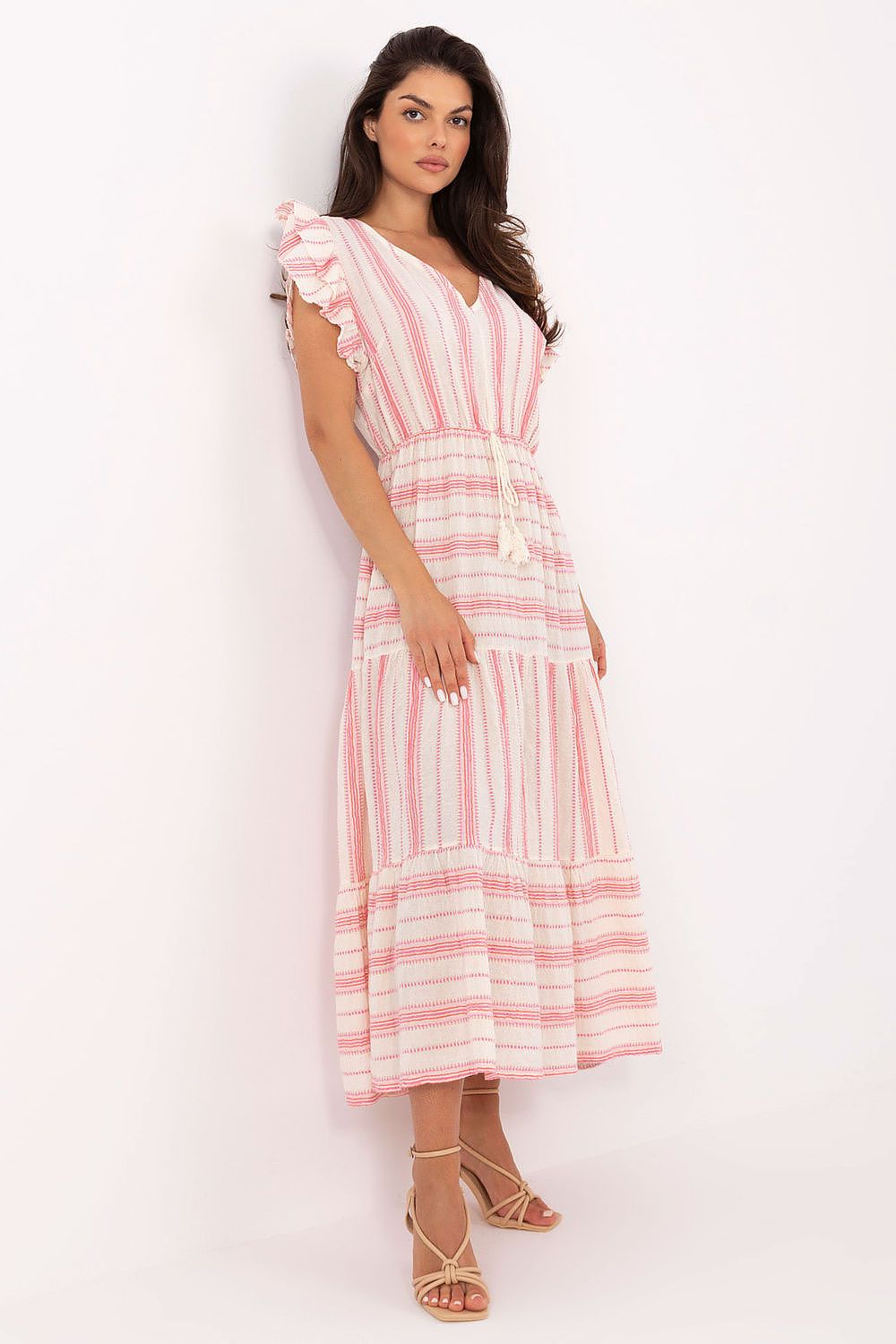  Pink cotton dress with ruffle sleeves front view