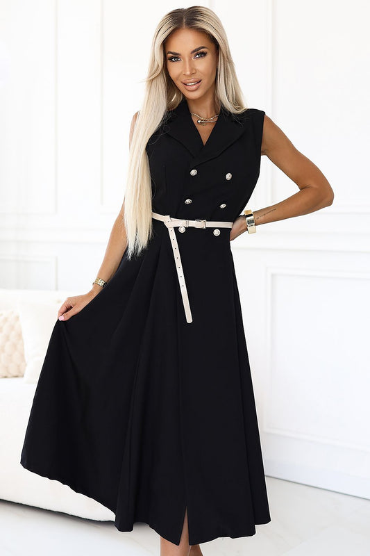Black Classic Double-Breasted Midi Dress – Front View
