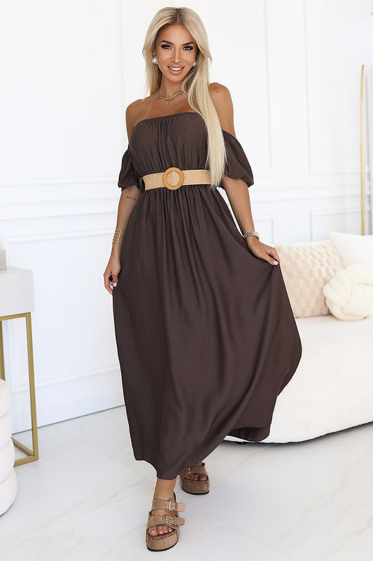 “Boho Braided Belt Maxi Dress in Brown, front view”