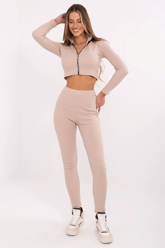  “Ribbed Zip-Up Set in Beige, front view”